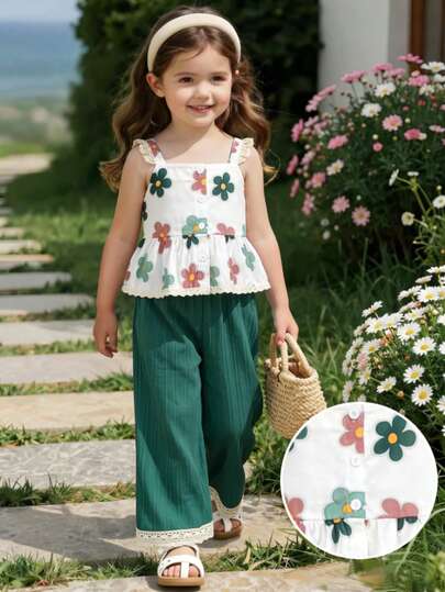 SHEIN Playful Pals Conjunto informal de 2 piezas con top de una sola hilera y pantalones de pierna ancha con estampado floral para niña