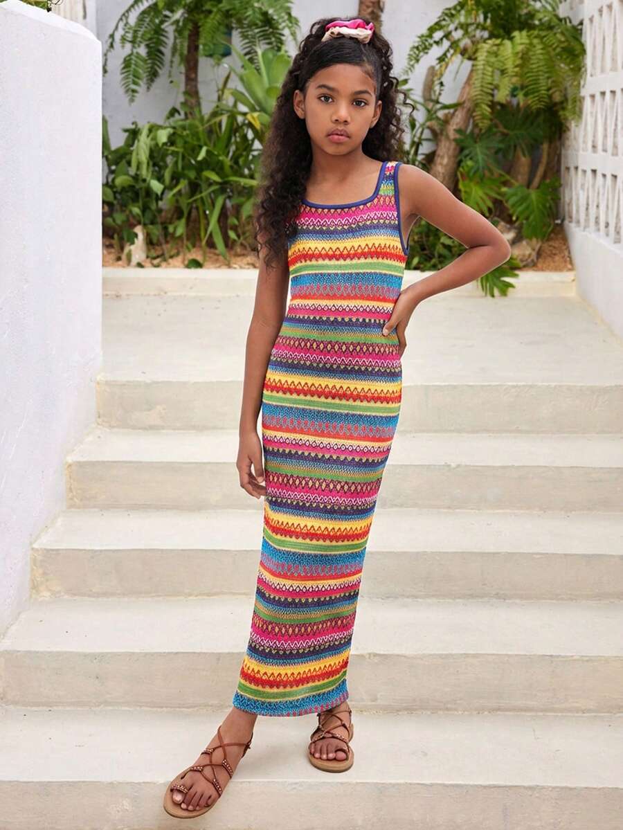 SHEIN Tween Girls' Sleeveless Long Fitted Casual Dress Girls Summer Maxi Dress - Multicolor - View 1