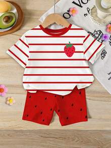 Bộ đồ mùa hè cho bé gái, kiểu dáng thường ngày, đi nghỉ mát và đi làm, in họa tiết dâu tây sọc, gồm áo thun ngắn tay và quần short. - Nhiều màu - Xem 5
