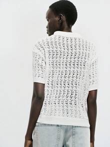 SHEIN Luminelle Áo len nữ cổ polo lưới rỗng, cài cúc kim loại. - Màu be - Xem 7