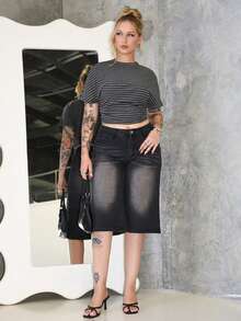 Arliah 女士休闲水洗宽松 3/4 长牛仔裤 - 黑色 - 查看 5