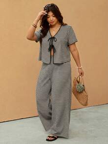 Elaquor 大码女式条纹V领系带短袖上衣和阔腿裤休闲两件套 - 黑色 - 查看 3