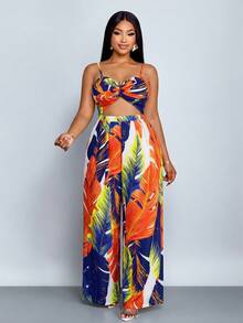 SOLERSUN 女士加大码优雅休闲无袖黑白印花扭结阔腿连体裤，配细肩带，春夏款 - 橘色 - 查看 5