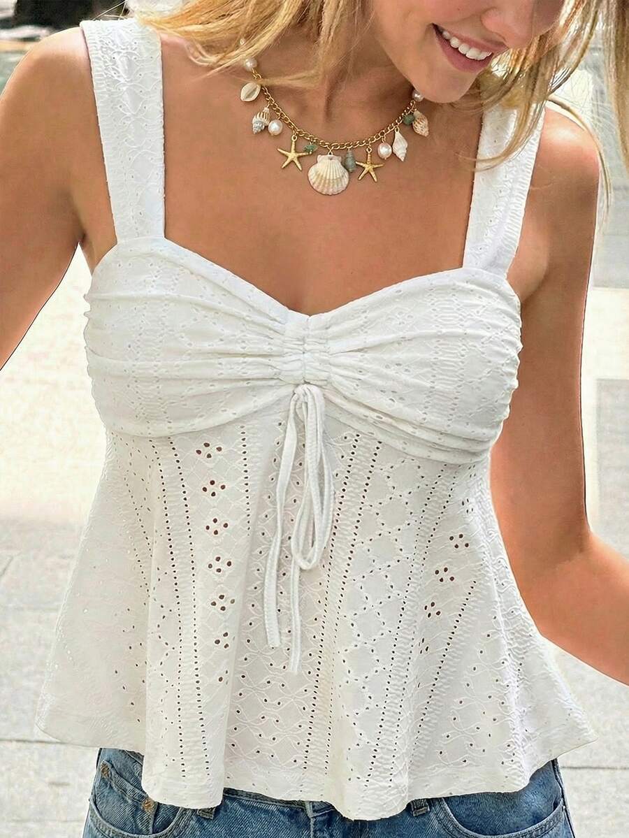 SHEIN Áo hai dây dệt kim có họa tiết, xếp ly ở phần ngực dành cho thiếu nữ, kiểu dáng thường ngày. - trắng - Xem 1