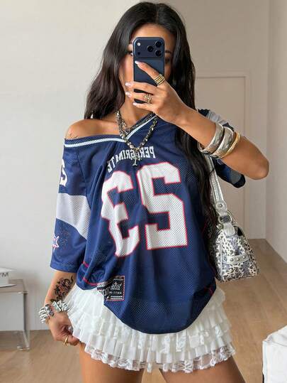 Coolane Camiseta de fútbol con cuello en V rosa con estampado de leopardo y número, estilo streetwear Y2K para mujer, primavera-verano