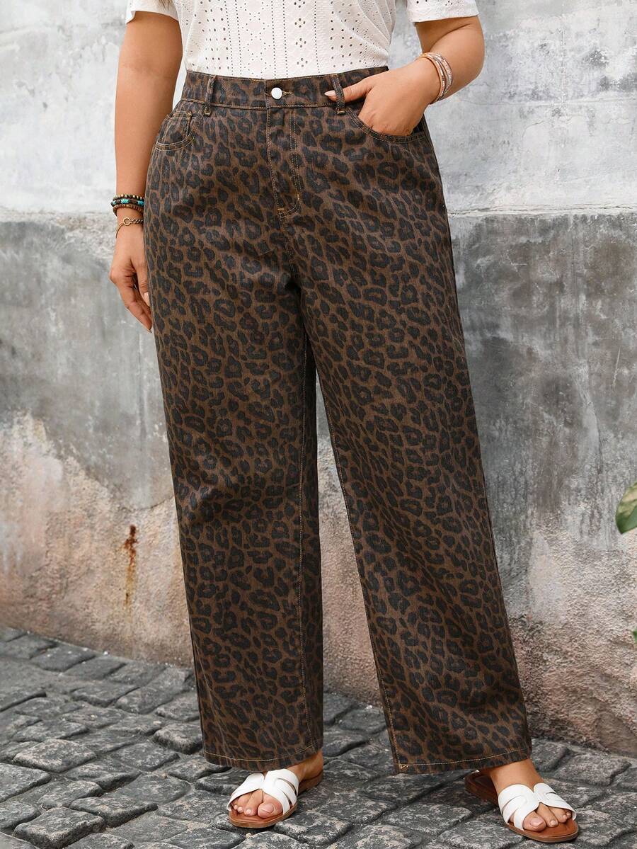 SHEIN ICON 大码女式休闲口袋直筒牛仔裤 - 彩色 - 查看 1