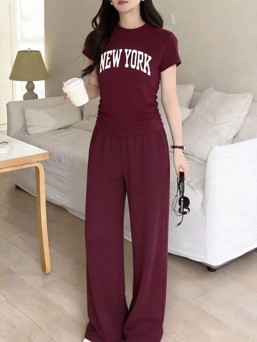 SHEIN 2pcs/Set Teenage Girls Round Neck Printed Waist Cinching Short Sleeve T-Shirt + Casual Wide Leg Pants, Fashionable Casual Style Suitable For Outings, Vacations, School, And Daily Wear - Burgundy - View 1