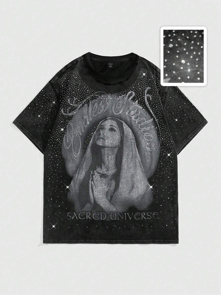 ROMWE MEN Street Life Men's Letter & Saint Print Rhinestone Decor Round Neck Short Sleeve T-Shirt - Black - View 1