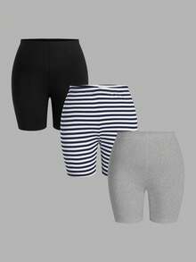 SHEIN Essnce Quần short đạp xe ôm sát, thoải mái, thời trang mới mùa hè dành cho nữ cỡ lớn (3 chiếc) - Nhiều màu - Xem 2
