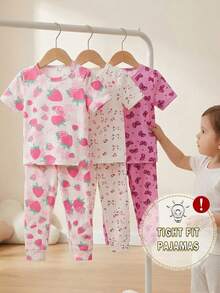 Genkimix Kids 6pcs Young Girl' Short Sleeve Snug Fit Pajama Set With Bow & Heart Prints, Stretchy, Machine Washable, Comfortable Fit, 3 Sets Sold Separately - Multicolor - View 3