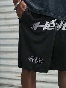 Modcrash 男士网眼透气字母印花沙滩短裤，Emo风格，2000年代风格，复古美式，男女皆宜，宽松版型夏季服装——适合日常穿着和夏季度假穿着。 - 黑色 - 查看 5