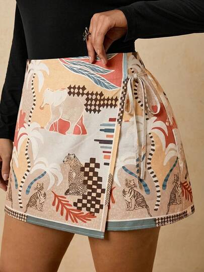 Travachic 大码波西米亚风休闲度假沙滩短裤，系带装饰，荷叶边下摆，女士款