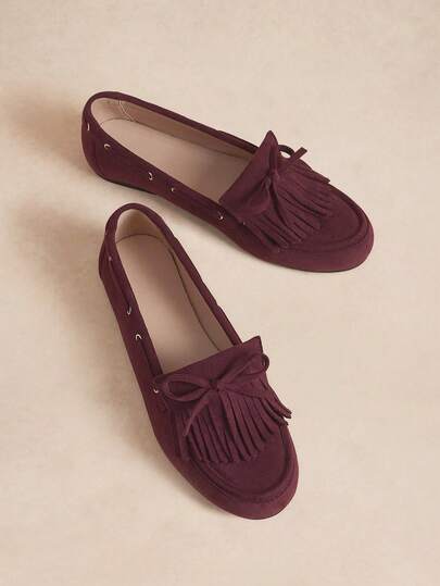 Rosivie Women Shoes New L Round Toe Flat Bottom Burgundy Suede Fringed Bow Women's Flat Sole Shoes Fashion Simple And Comfortable Commuting French Loafers Flat Women's Shoes