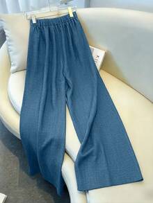 GlowEve Navy Blue High-Waisted Elastic Ruched Pockets Wide Leg Pants, Featuring Elegant Printed Ribbon Decor, Versatile For Casual, Formal, Party, Holiday Occasions In Spring/Summer - Medium Wash - View 2