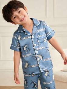 2pcs Young BoyCute Shark Graphic Print Short Sleeve Polo Collar Cardigan And Pants Casual Comfortable Homewear Set - Blue - View 9