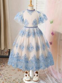 SHEIN 少女優雅淺藍色花卉蕾絲薄紗公主禮服，適合夏季婚禮賓客、生日派對、假期花童、舞會正式洋裝 - 藍色 - View 9