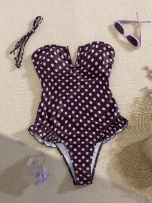 SHEIN Swim Mod Áo tắm liền thân cổ chữ V họa tiết chấm bi, dây đeo rời, trang trí bèo nhún, dành cho nữ, thích hợp cho kỳ nghỉ hè. - Nhiều màu - Xem 6