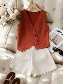 Weeklong Conjunto de 2 piezas de chaleco y pantalones cortos asimétricos de talla grande para mujer, de estilo retro francés elegante y casual para el verano - Naranja Quemada - Ver 3