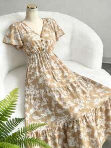 Breezaya Floral Print Knot Front Ruffle Hem Dress Maxi Vacation Beach Outfits Women - Khaki - View 1