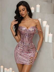 Vowa 优雅紫色奢华串珠亮片露肩露肩垂袖珍珠链腰部网眼透明紧身高开衩连衣裙，适合约会、毕业典礼、婚礼、派对 - 藕粉色 - 查看 5