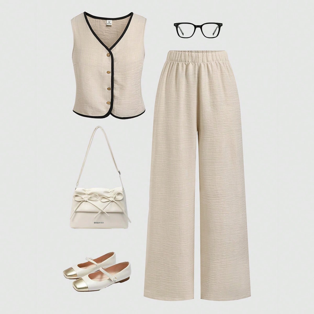 Conjunto casual de verano para mujeres con camiseta sin mangas con cuello en V y ribete de contraste, y pantalones anchos de unicolor