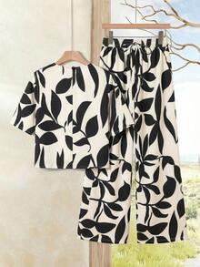 Rusticease Damset med tryck, rund hals, kortärmad topp och vida byxor, 2-delat set för vardagsbruk - Multifärgad - Visa 2