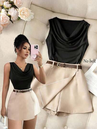 Franclia Conjunto de 2 piezas para mujer con camiseta sin mangas de cuello en pico ajustada de color marrón y falda pantalón de oficina de color albaricoque