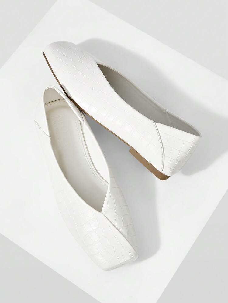 WOMEN SHOES NEW FRENCH RETRO FASHION STONE PATTERN FLAT BOTTOM SQUARE TOE V-CUT SHOES, WHITE SIMPLE AND VERSATILE, COMFORTABLE AND ELEGANT TEMPERAMENT, ADVANCED SENSE, SLIP-ON MARY JANE SHOES