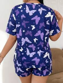 SHEIN Butterfly Print Round Neck Short Sleeve Shorts Pajama Set, Plus Size - Blue - View 2