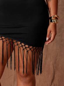 Rustia Sexy Strapless Fringed Bodycon Mini Dress - Black - View 6