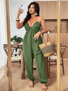 Weeklong Plus Size Women Solid Color Pleated Halter Tie Casual Jumpsuit Pants For Daily Wear - Mint Green - View 6