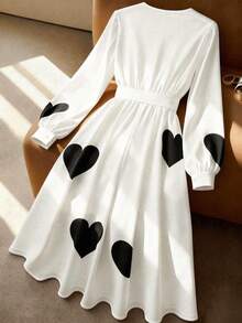 GlowEve CURVE 大码女士优雅时尚V领爱心印花长袖连衣裙，系带中长连衣裙，日常连衣裙，情人节连衣裙，休闲/工作连衣裙 - 黑與白 - 查看 2