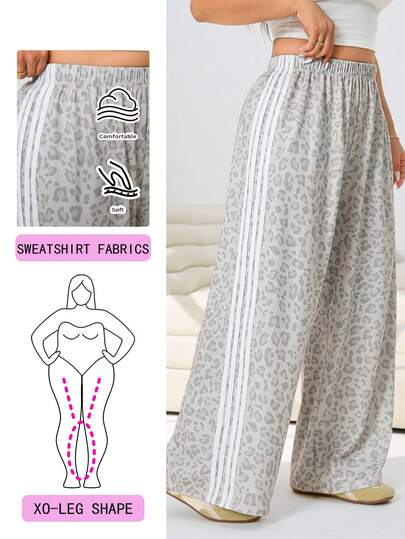Solflare Pantalones de mujer talla grande con estampado de leopardo y bloques de color a rayas