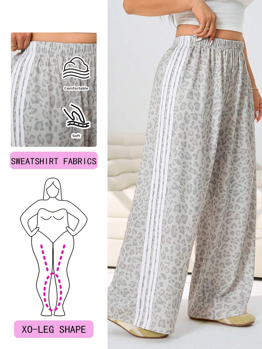 Solflare Pantalones de mujer talla grande con estampado de leopardo y bloques de color a rayas - Multicolor - Ver 1