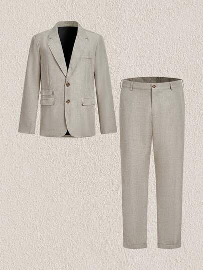 Mercer Haus Men's Khaki Business Suit With Lapel Blazer And Long Sleeves For Formal Occasions Men Beige Suit Men Khaki Suit Men Casual Suit Cream Outfit Men Men Casual Champagne Outfits , Suitable For Summer Tropical Holiday Vacation In Hawaii.