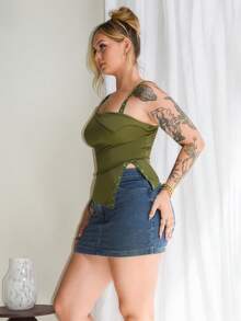 Arliah Women's Summer Metallic Eyelet Asymmetrical Hem Fitted Camisole - Army Green - View 6