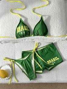 Swim Vcay Set de 3 piezas: Top de bikini con estampado de halter, Bottom con lazos y bragas de tiro bajo - Conjunto de traje de baño sexy - Verde - Ver 2