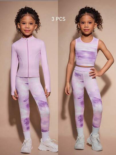 3pcs/Set Young Girls Fashion Outfit, Includes Light Purple Sports Jacket, Printed Pattern Tank Top, And Printed Leggings, Suitable For Outdoor, Yoga, Sports And Casual Wear