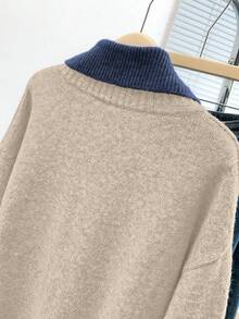 SHEIN Clasi Nuevo suéter de cuello de contraste versátil y de moda para tallas grandes - Albaricoque - Ver 5