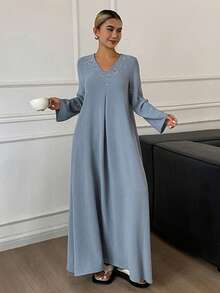 DAZY Camisón largo y suelto de mujer con decoración de strass elegante - Neblina azul - Ver 6