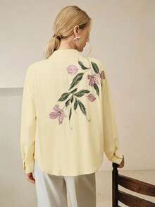 Áo kiểu tay dài thêu hoa đính sequin, thanh lịch, phong cách thường ngày, thích hợp cho mùa xuân/hè, dành cho nữ. - Vàng nhạt - Xem 7