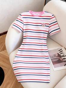 SHEIN Casuvi Kids Casuvi 女童针织数码多色条纹印花舒适弹力修身短袖T恤裙，卡通熊头装饰，美式休闲时尚，适合春夏日常穿着 - 彩色 - 查看 8