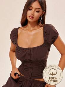 Radiana Coffee Brown Summer Boho Cottage Modest Vacation Women's Pleated Button Front Collared Top,Cinched Waist Bustier,Low Neckline Ruched Babydoll Blouse - Brown - View 2
