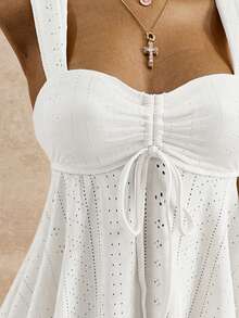 Bellisia 26SS Spring/Summer Vacation Beach Cute Yellow Jacquard Embroidered Camisole & Bikini Set - White - View 5