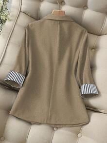 Franclia 时尚休闲/办公通勤翻领条纹拼接单扣修身春秋季新款藏蓝色七分袖女士西装外套 - 棕色 - 查看 2