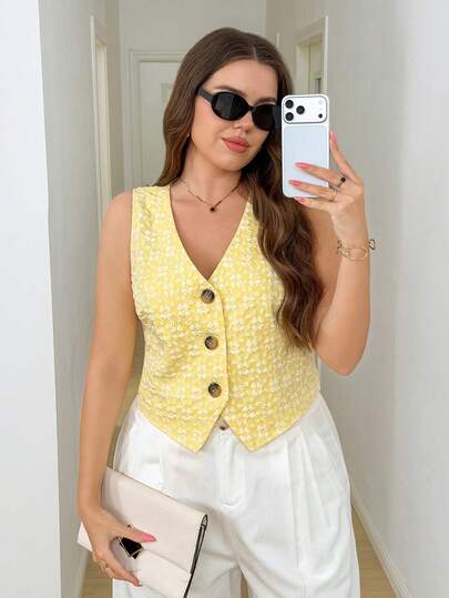 Zelara Áo sơ mi không tay cài cúc phía trước, chất liệu jacquard, cỡ lớn, thích hợp cho mùa hè, kiểu dáng thường ngày, phù hợp đi làm.