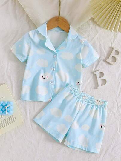Bộ đồ ngủ 2 mảnh cho bé gái, gồm áo khoác cardigan cổ bẻ in hình mây hoạt hình và quần short, đồ mặc nhà thoải mái cho mùa hè.