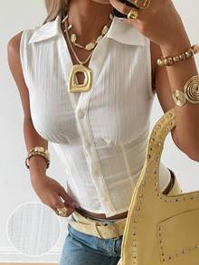 SHEIN EZwear Áo sơ mi nữ màu trắng dệt kim không tay, cài cúc phía trước, ôm dáng, thích hợp cho mùa hè. - trắng - Xem 1