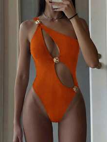 Bonvoyette Solid Color Hollow Out Asymmetric Metal Decor Swimsuit, One-Piece, Suitable For Beach Vacation - Orange - View 3