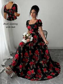 SHEIN Elenzya Đầm nữ in hoa hồng, cổ vuông, eo thon, dáng chữ A, tay phồng, thanh lịch, thích hợp mặc hàng ngày/đi nghỉ mát/đi làm, dự tiệc, phong cách đường phố Pháp, đa năng, màu trắng, in hoa hồng đỏ, thích hợp cho đầu xuân/xuân-hè, tay ngắn, dáng midi. - Đỏ và đen - Xem 4
